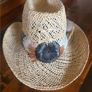 Vintage Stetson Straw Fedora Hat with Feather Accent - Natural